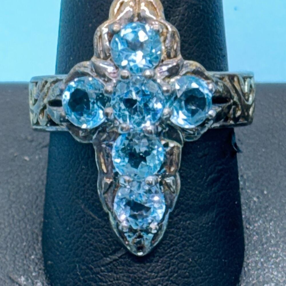 Sterling Silver Blue Topaz Cross Ring - Vintage-Inspired